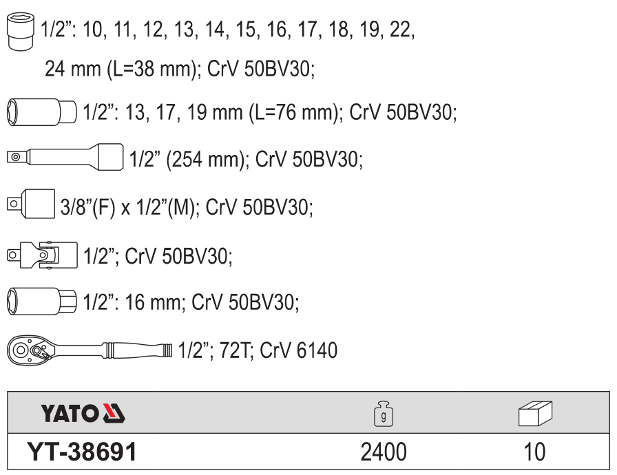 38691 Bộ tuýp tay vặn tông hợp 1/2 inch 20 chi tiết Yato YT-38691