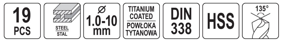 Bộ Mũi Khoan Xoắn YATO YT-44675 – 19 Chi Tiết, HSS, Phủ Titan, Chuẩn DIN 338, Ø1-10mm