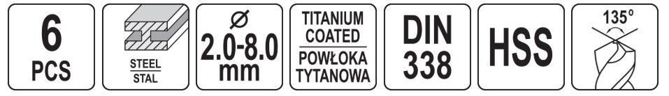 Bộ Mũi Khoan Xoắn YATO YT-44673 – 6 Chi Tiết, HSS, Phủ Titan, Chuẩn DIN 338, Ø2-8mm