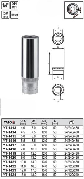 dau-tuyp-luc-giac-loai-dai-6-canh-yato-yt-14241-1 Khẩu Tuýp Lục Giác Dài 1/4" YATO CrV (4mm-14mm)