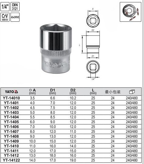 dau-tuyp-luc-giac-loai-ngan-6-canh-yato-yt-14011 Khẩu Tuýp Lục Giác Ngắn 1/4" YATO CrV (3.5mm-14mm)