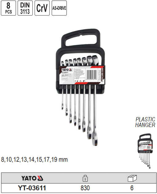 yato20yt-036111 Bộ cờ lê vòng miệng 8 chi tiết 8-19mm Yato YT-03611 Ba Lan