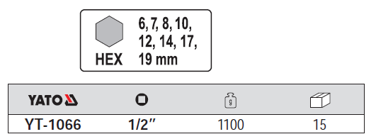 yt-1066 Bộ khẩu 1/2", Mũi Lục giác 6, 7, 8, 10, 12, 14, 17, 19mm 8 chi tiết YATO YT-1066