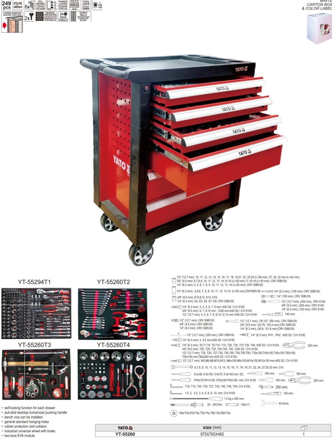 Tủ đồ nghề sửa chữa 249 chi tiết YATO YT-55260 Tủ đồ nghề sửa chữa 249 chi tiết YATO YT-55260