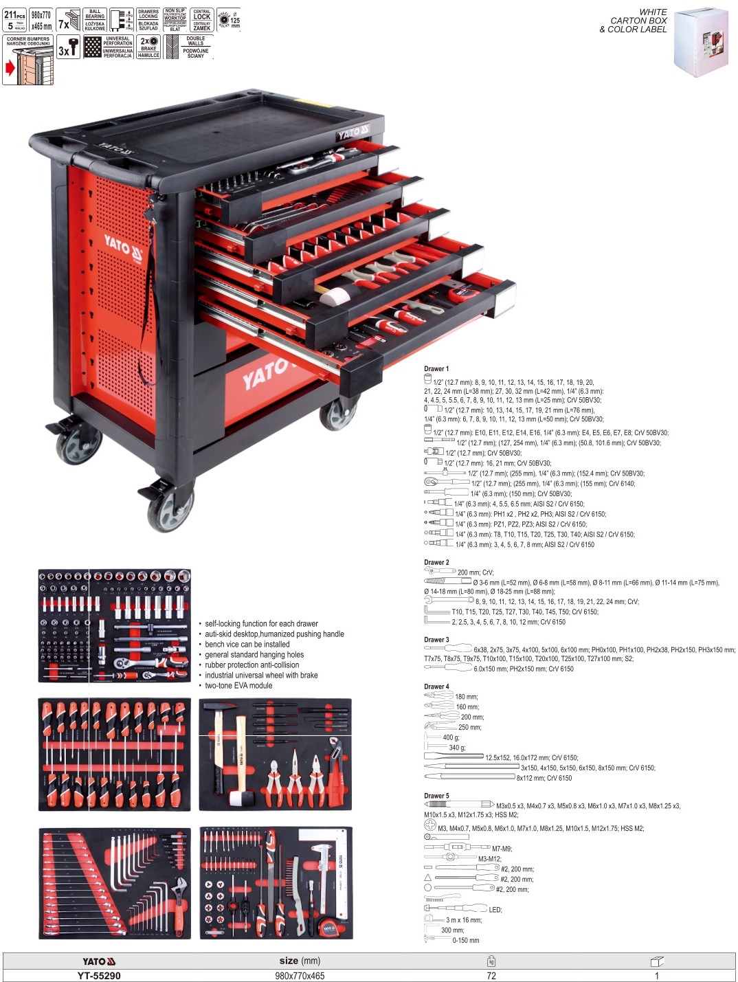Tủ đồ nghề sửa chữa 211 món Yato YT-55290 5 YT 55290 full